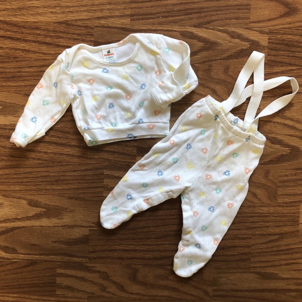 Teddy Bear Patterned Overall And Shirt Set Vintage